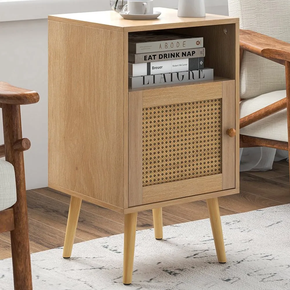 Single Door Nightstand Set of 2 - Cream, Rattan