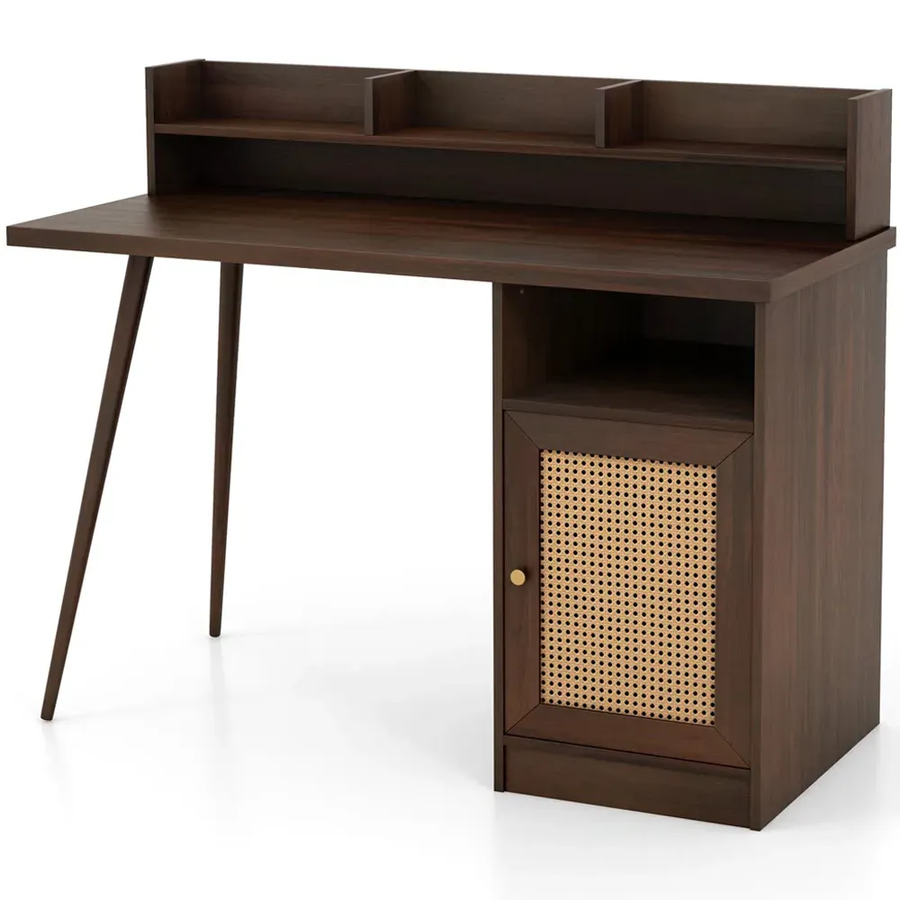 Single Door PE Rattan Computer Desk with Hutch - Walnut