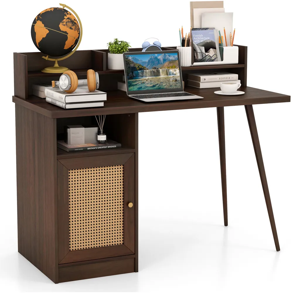 Single Door PE Rattan Computer Desk with Hutch - Walnut
