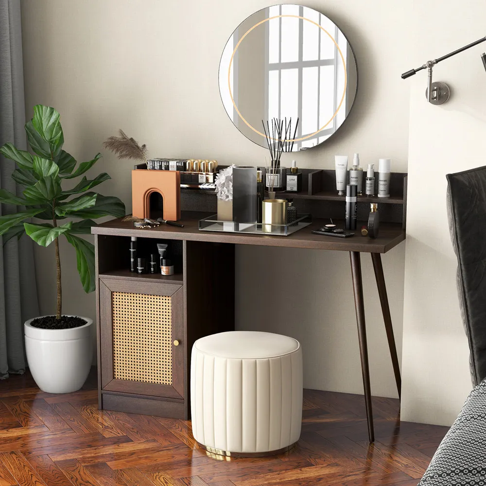 Single Door PE Rattan Computer Desk with Hutch - Walnut