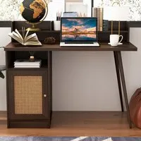 Single Door PE Rattan Computer Desk with Hutch - Walnut