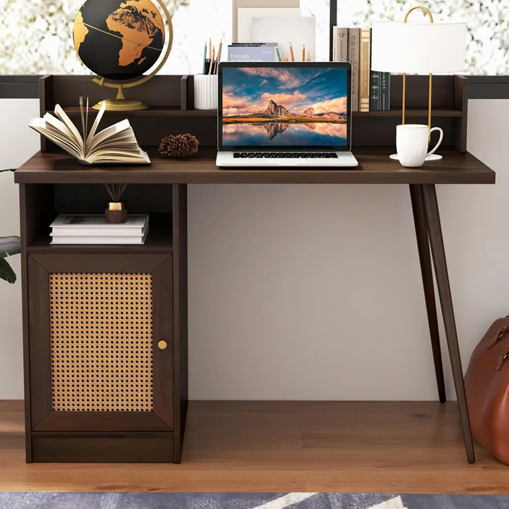 Single Door PE Rattan Computer Desk with Hutch - Walnut