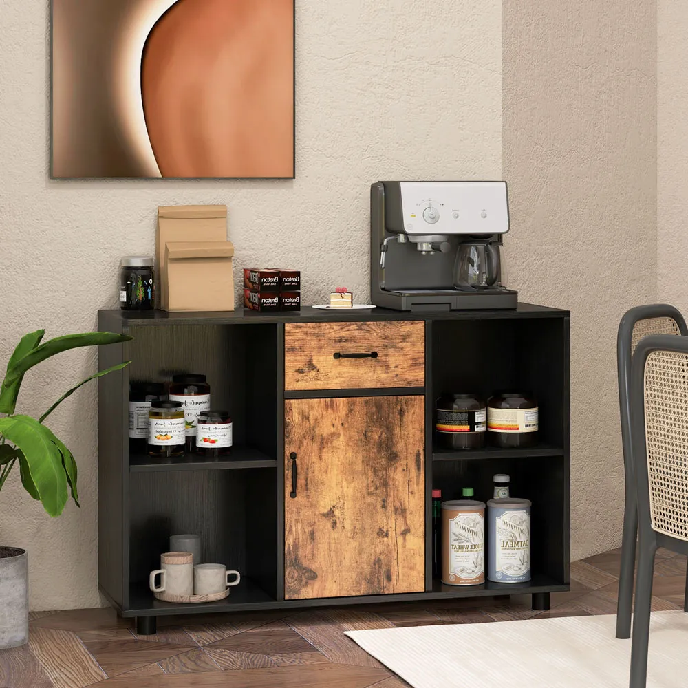 Single Door Single Drawer 4 Shelf Buffet Sideboard - Brown