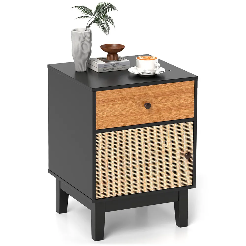 Single Door Single Drawer Rattan Nightstand - Black