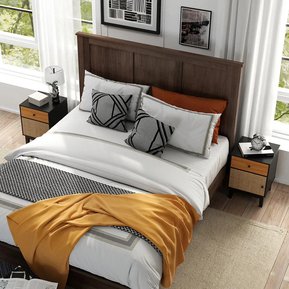 Single Door Single Drawer Rattan Nightstand - Black