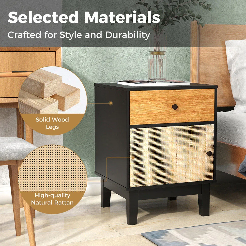 Single Door Single Drawer Rattan Nightstand - Black
