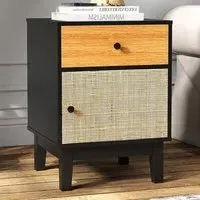 Single Door Single Drawer Rattan Nightstand - Black