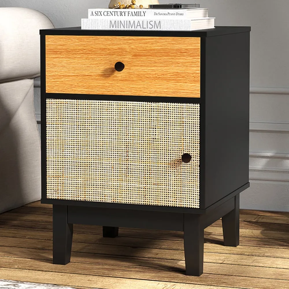 Single Door Single Drawer Rattan Nightstand - Black image