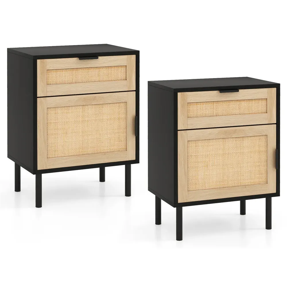 Single Door Single Drawer Rattan Nightstand Set of 2 - Black