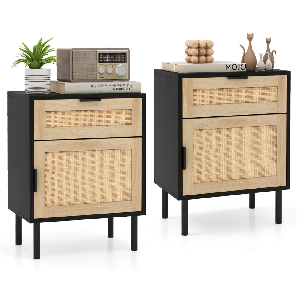 Single Door Single Drawer Rattan Nightstand Set of 2 - Black