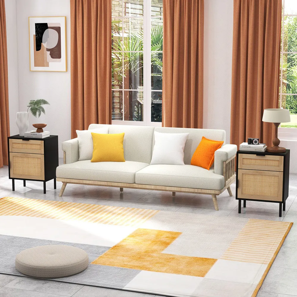 Single Door Single Drawer Rattan Nightstand Set of 2 - Black