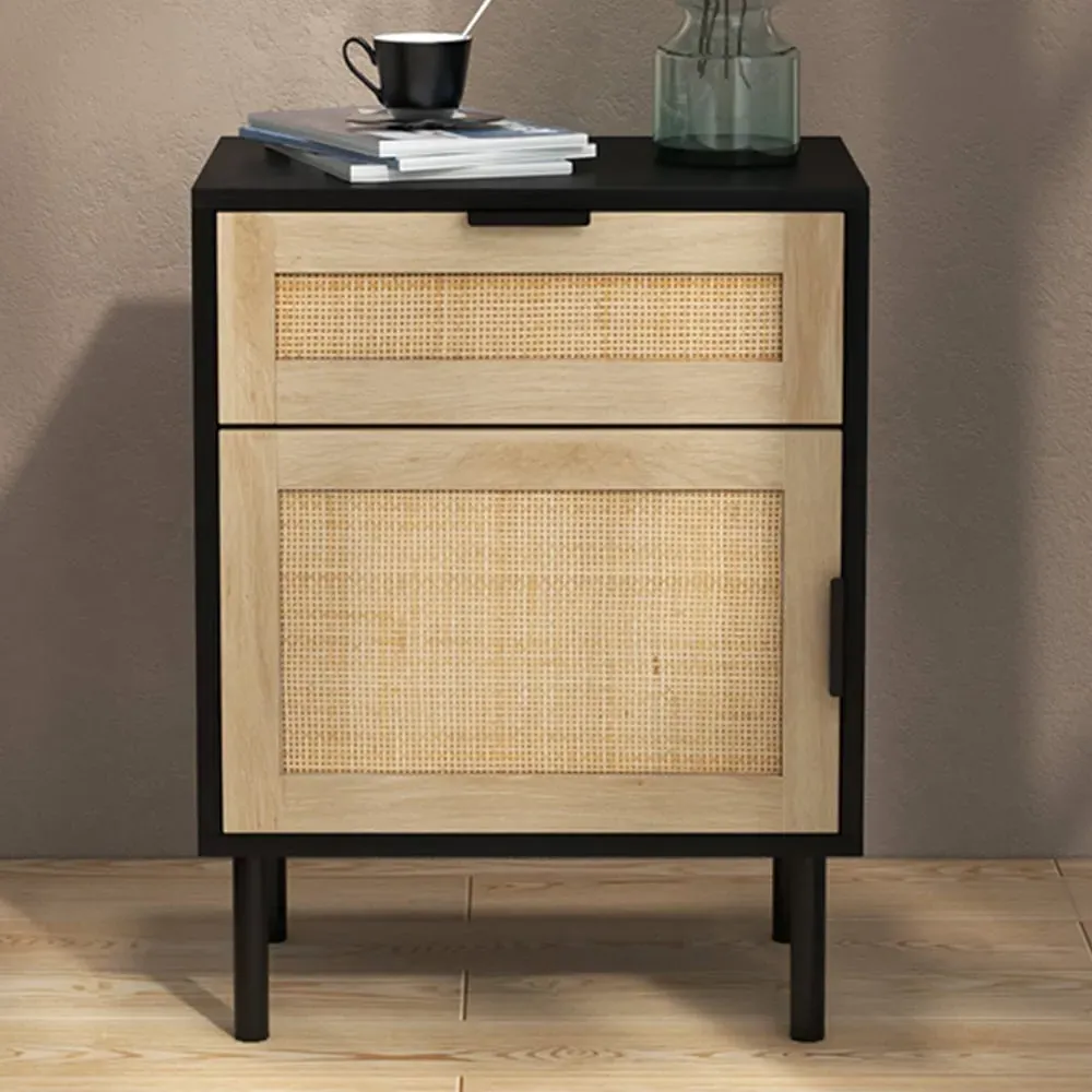 Single Door Single Drawer Rattan Nightstand Set of 2 - Black image
