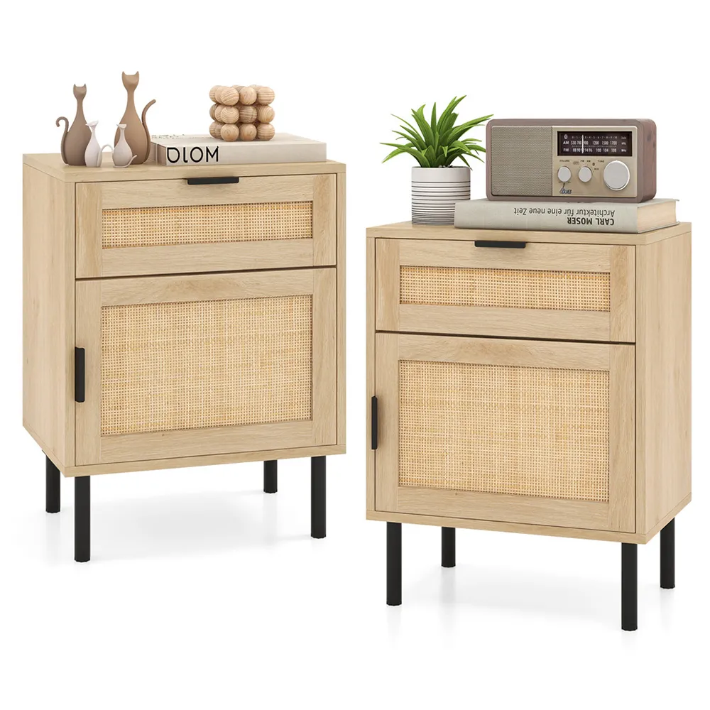 Single Door Single Drawer Rattan Nightstand Set of 2 - Wood
