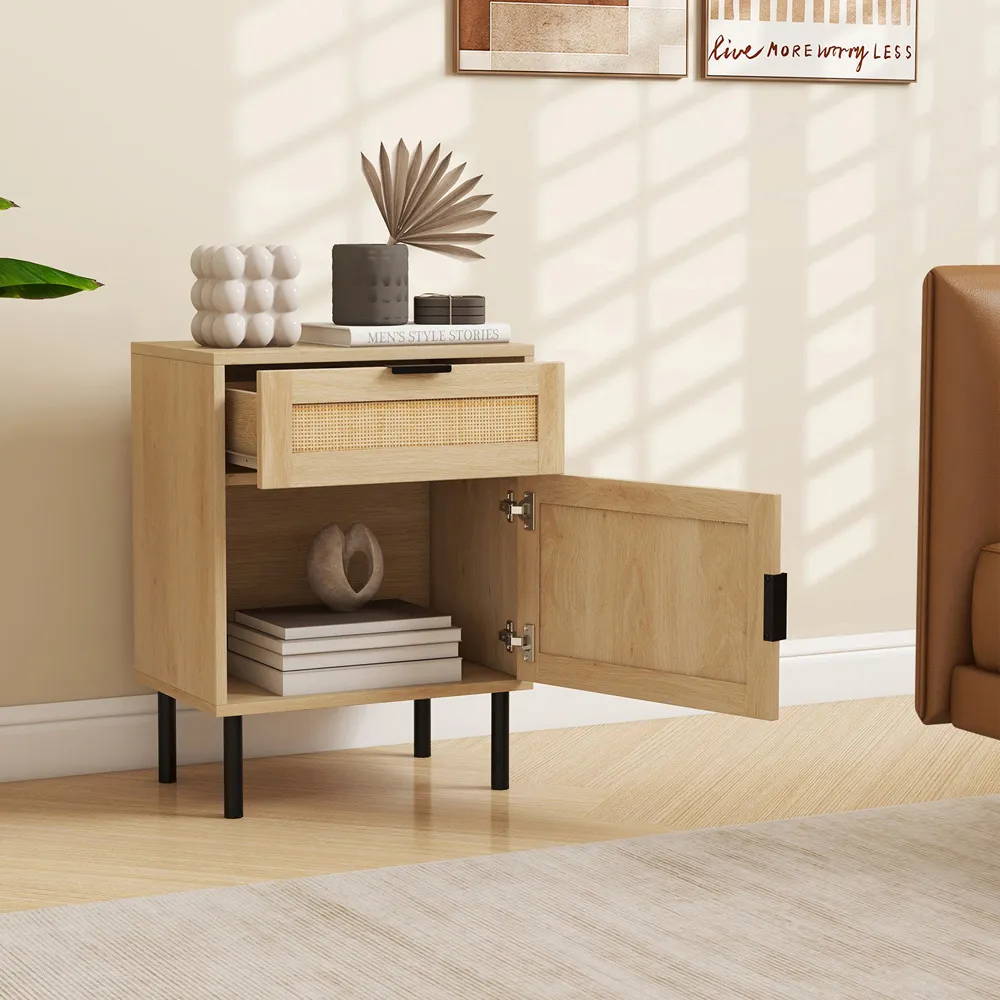 Single Door Single Drawer Rattan Nightstand Set of 2 - Wood
