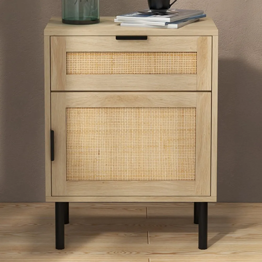 Single Door Single Drawer Rattan Nightstand Set of 2 - Wood