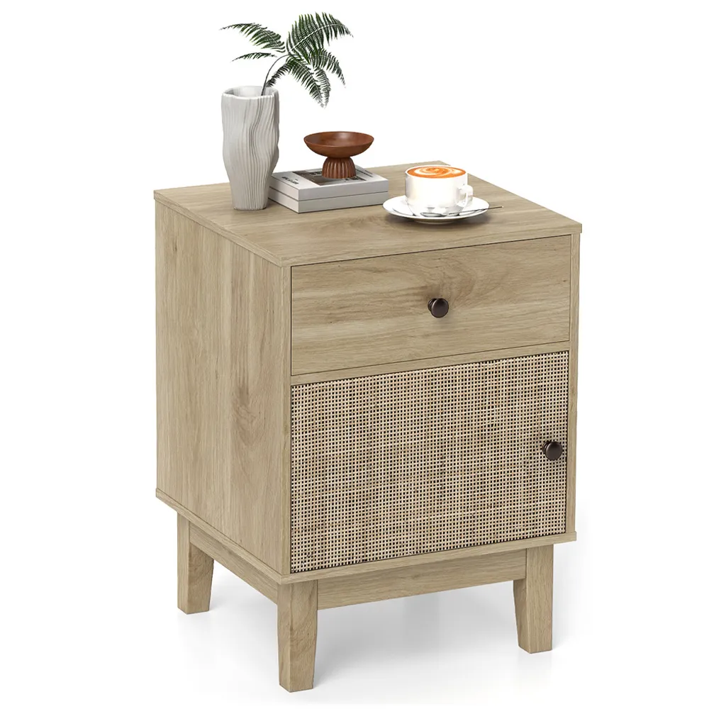 Single Door Single Drawer Rattan Nightstand - Wood