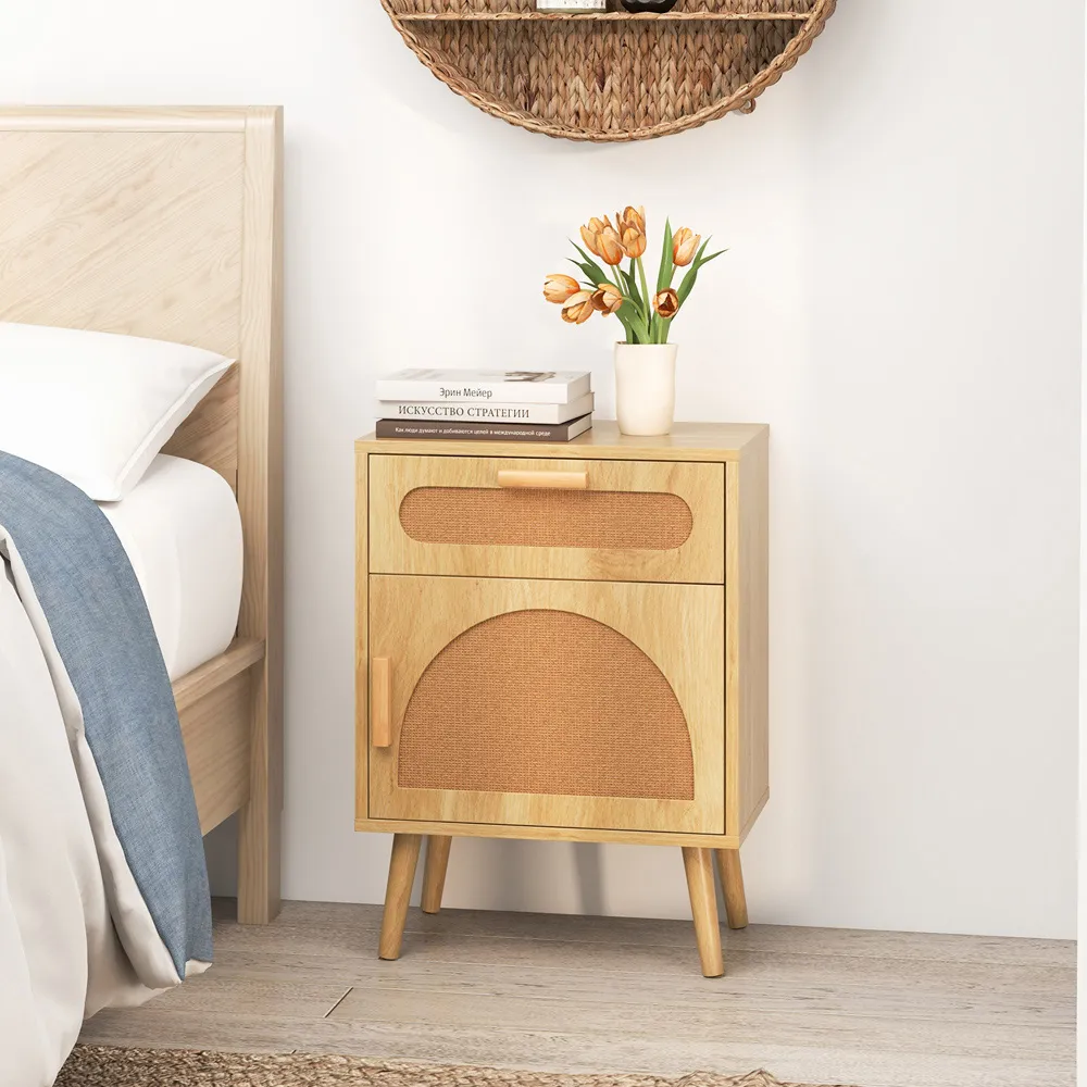 Single Door Single Drawer Rattan Nightstand - Wood