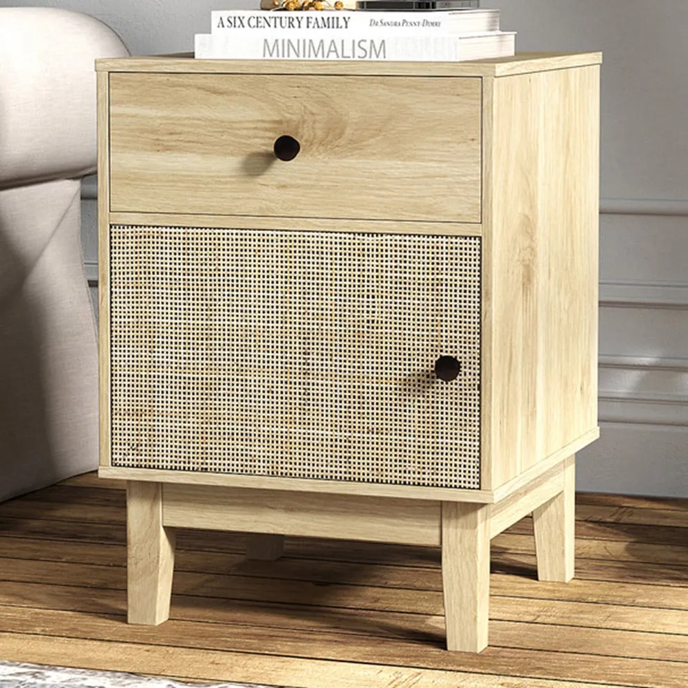 Single Door Single Drawer Rattan Nightstand - Wood image
