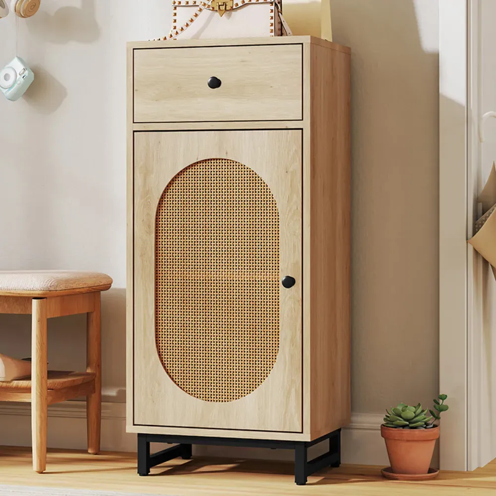Single Door Storage Cabinet with Drawer - Natural
