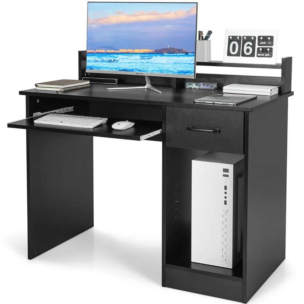 Single Drawer 3 Shelf Computer Desk with Keyboard Tray - Black