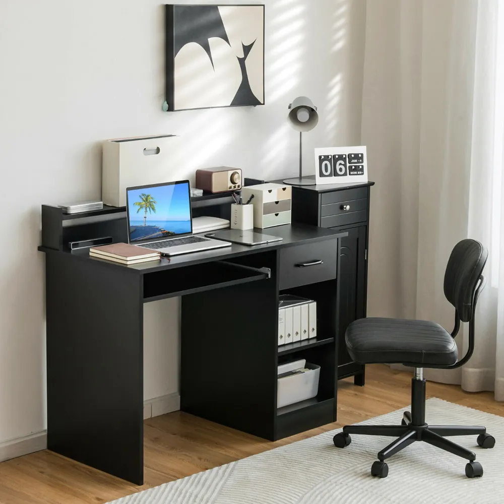 Single Drawer 3 Shelf Computer Desk with Keyboard Tray - Black
