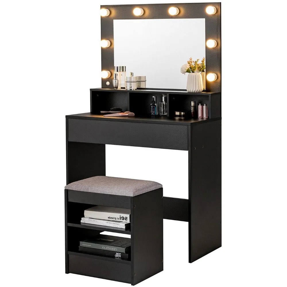 Single Drawer 3 Shelf Dressing Table Set with LED Mirror - Black