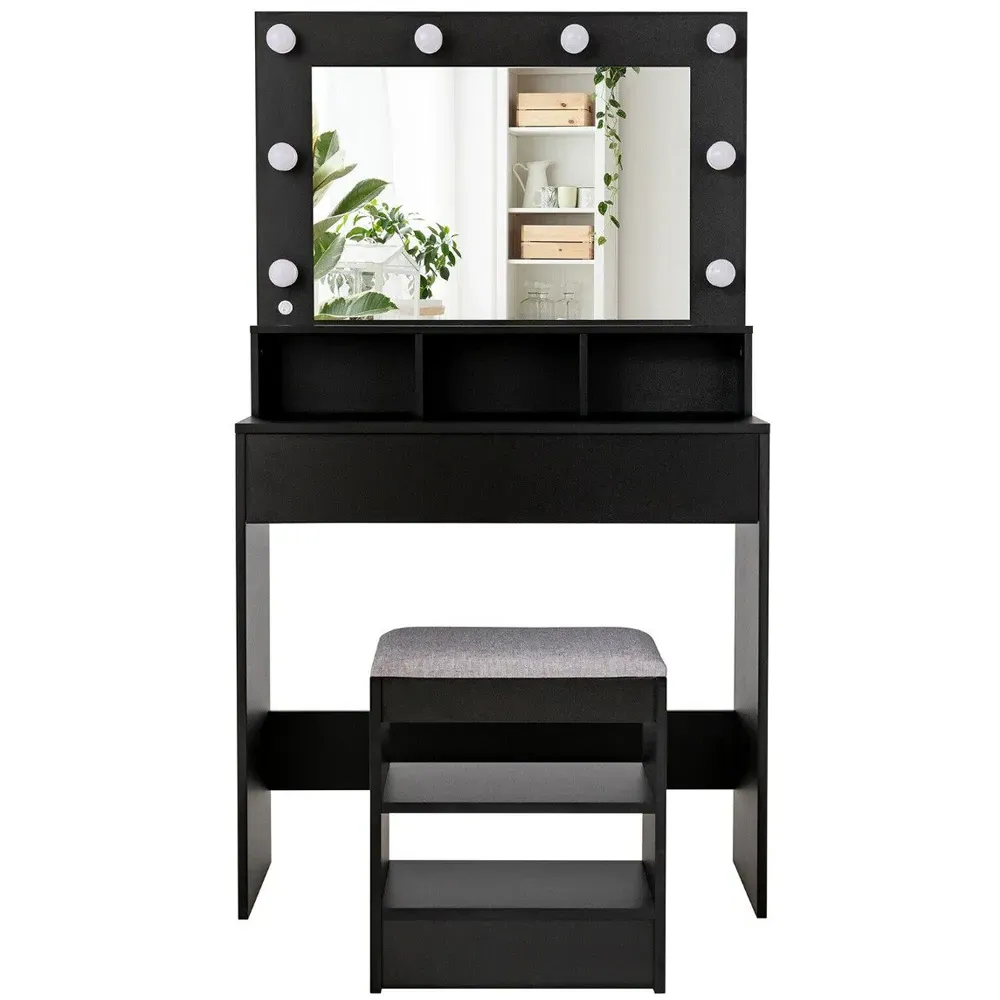Single Drawer 3 Shelf Dressing Table Set with LED Mirror - Black