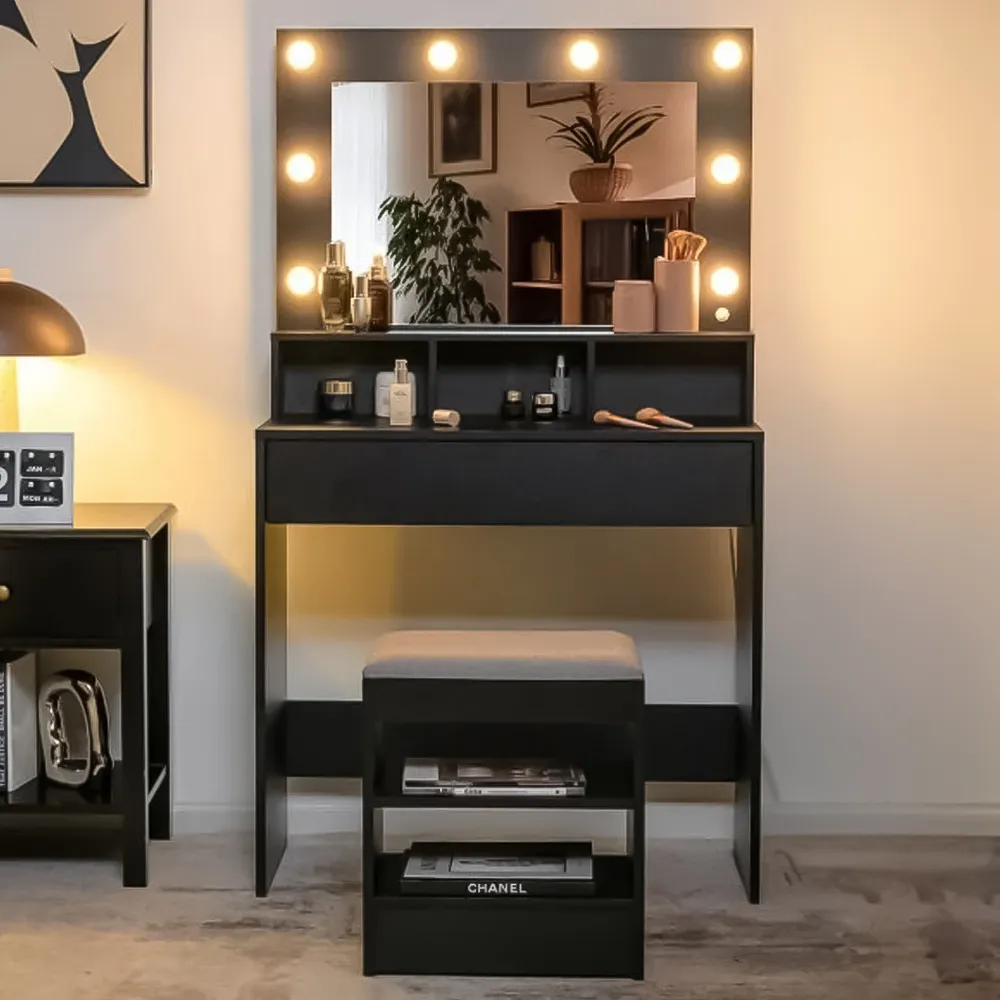 Single Drawer 3 Shelf Dressing Table Set with LED Mirror - Black