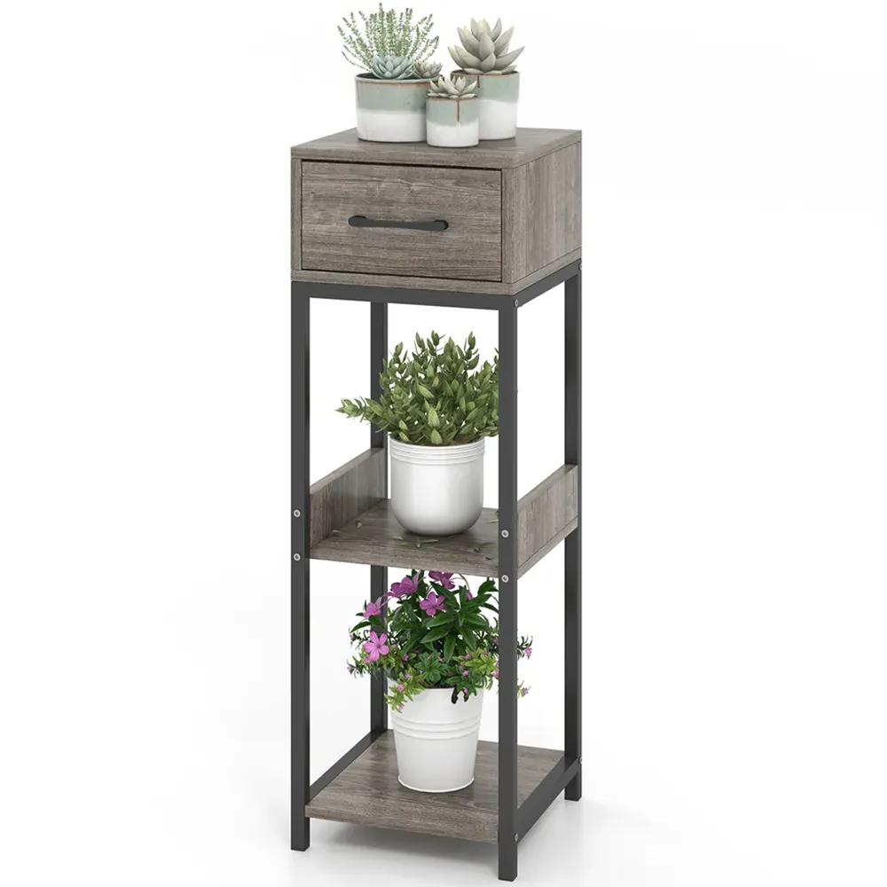Single Drawer 3 Shelf Indoor Plant Stand - Grey
