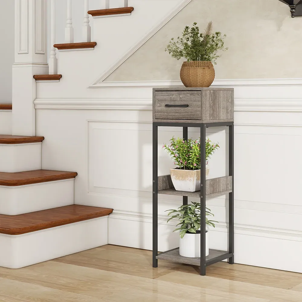 Single Drawer 3 Shelf Indoor Plant Stand - Grey