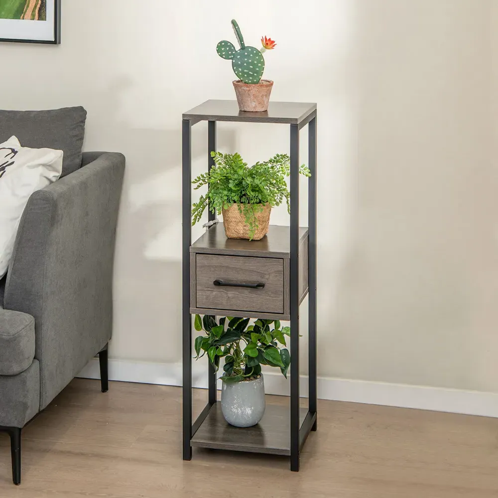 Single Drawer 3 Shelf Metal Plant Stand - Grey