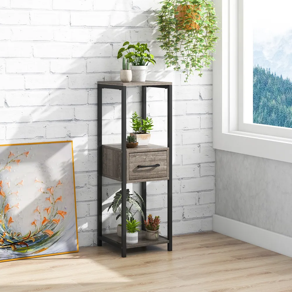 Single Drawer 3 Shelf Metal Plant Stand - Grey