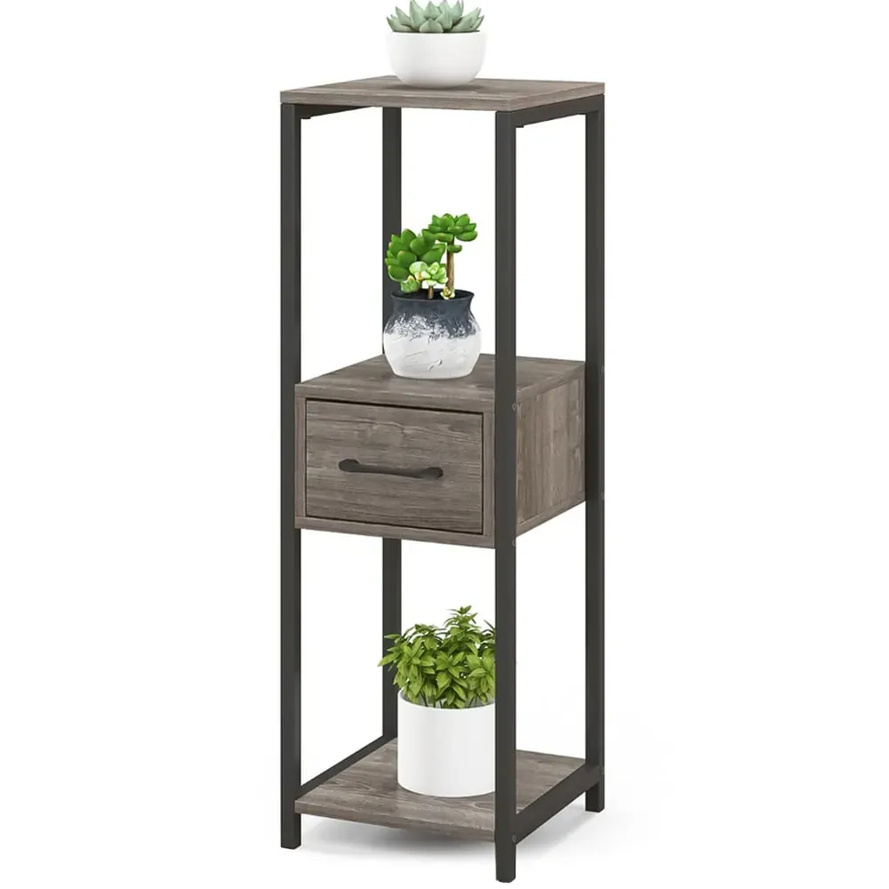 Single Drawer 3 Shelf Metal Plant Stand - Grey