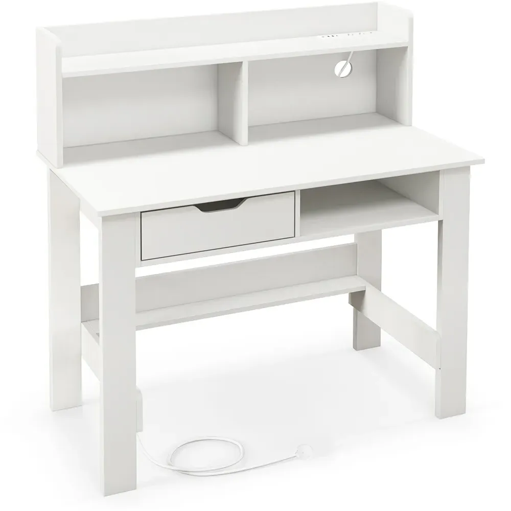 Single Drawer 4 Shelf Computer Desk with USB Port - White