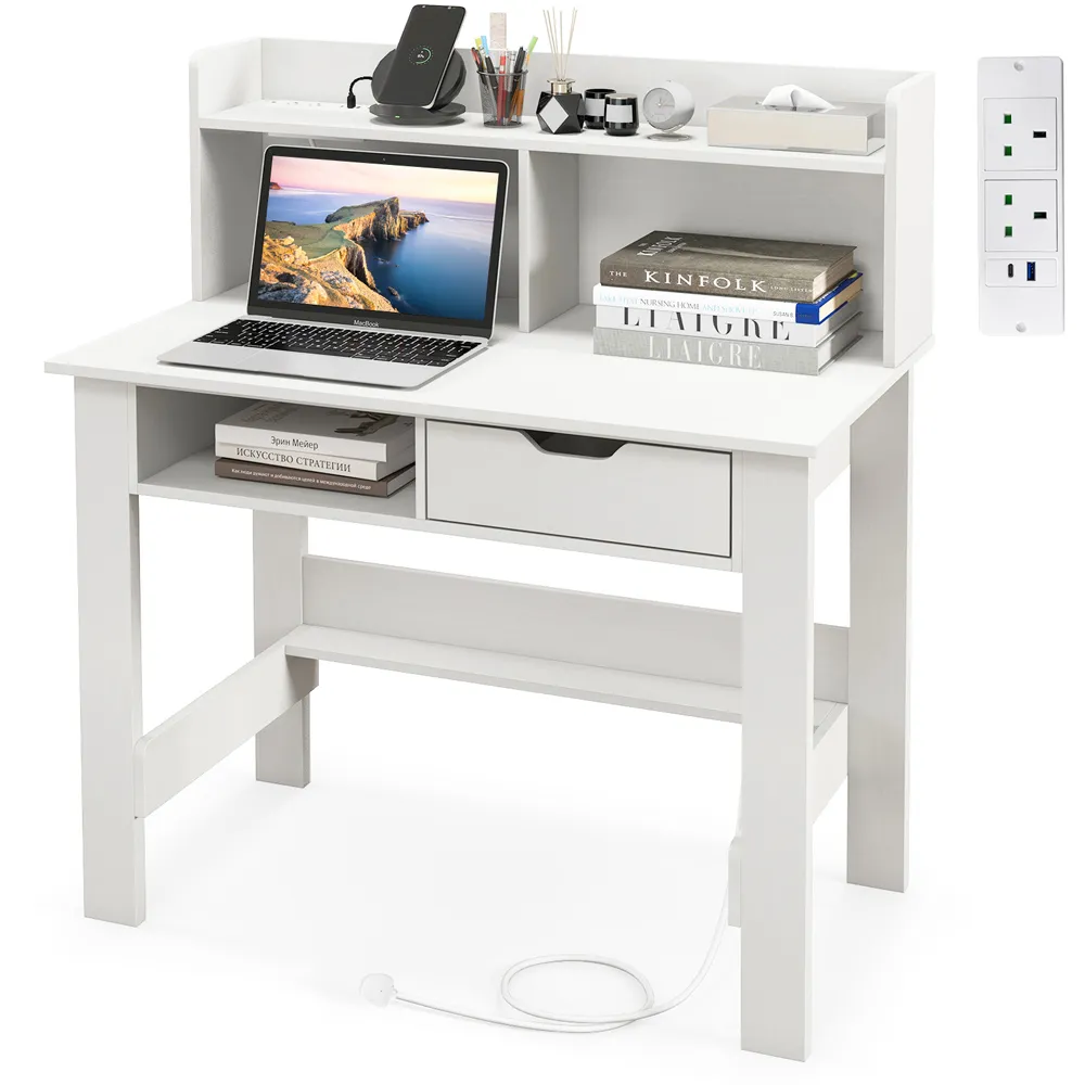 Single Drawer 4 Shelf Computer Desk with USB Port - White