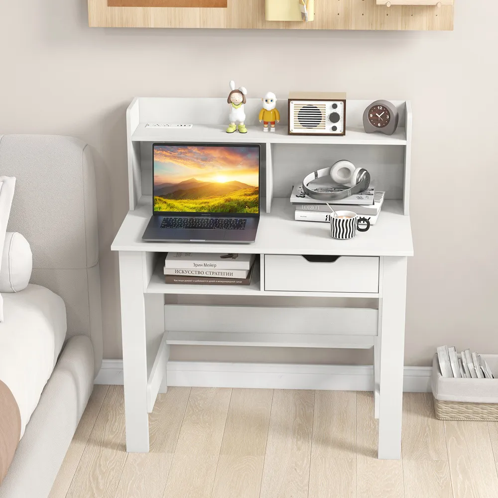 Single Drawer 4 Shelf Computer Desk with USB Port - White