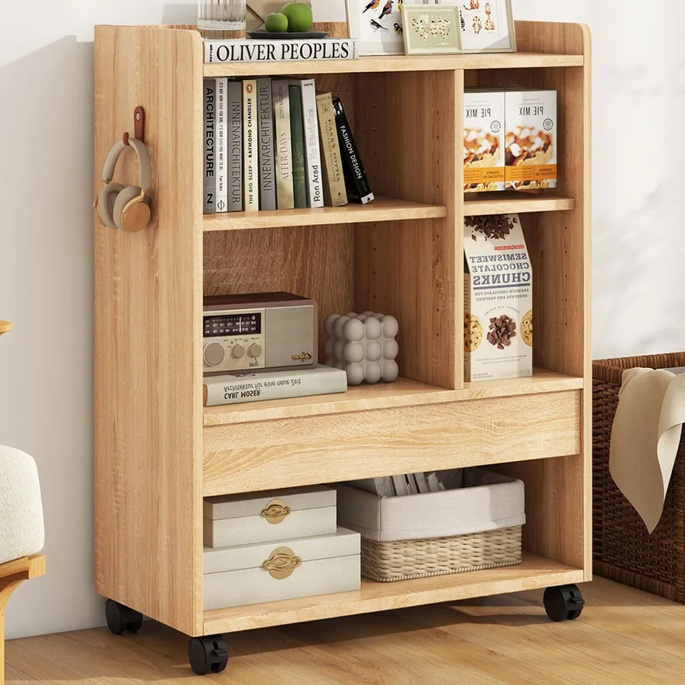 Single Drawer 6 Shelf Mobile Storage Cabinet with Hooks - Cream