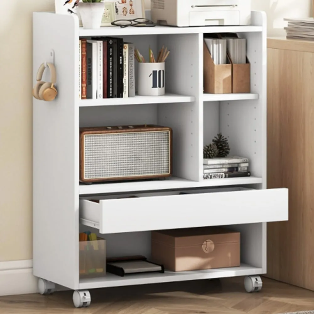 Single Drawer 6 Shelf Mobile Storage Cabinet with Hooks - White image