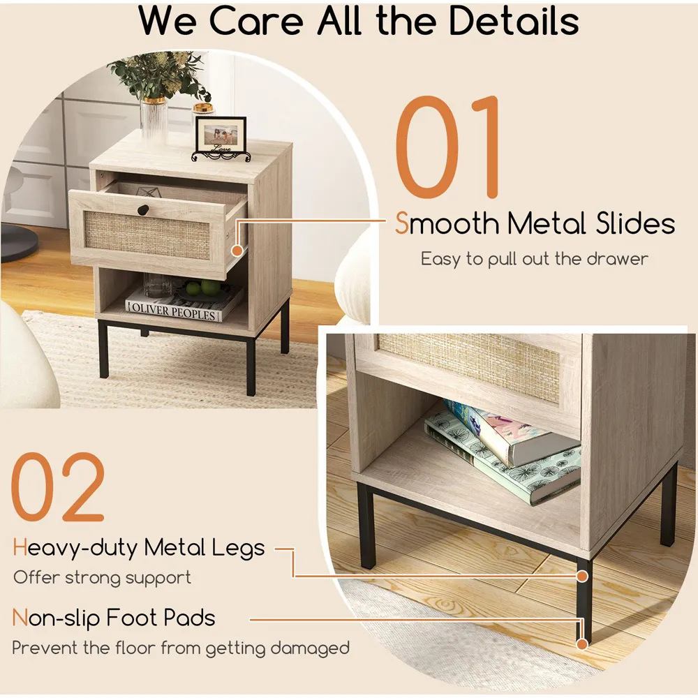 Single Drawer Bedside Table Set of 2 - Brown, Oak