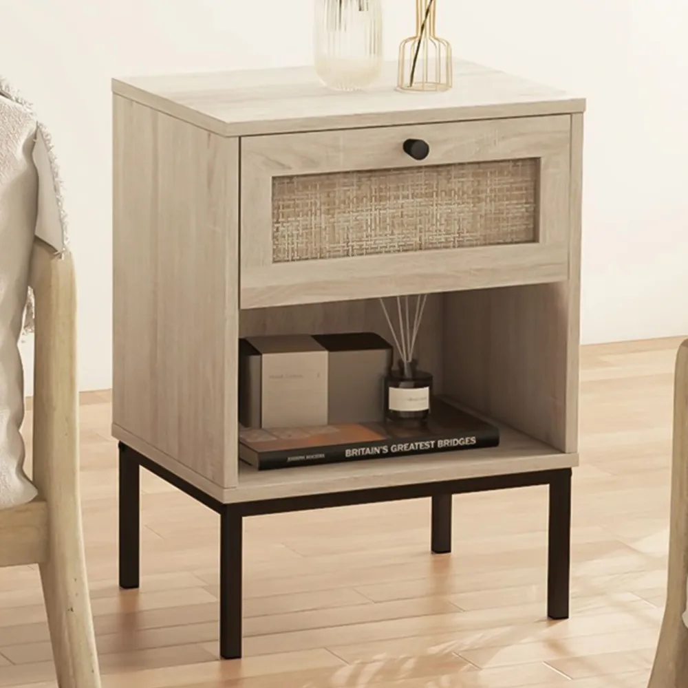 Single Drawer Bedside Table Set of 2 - Brown, Oak