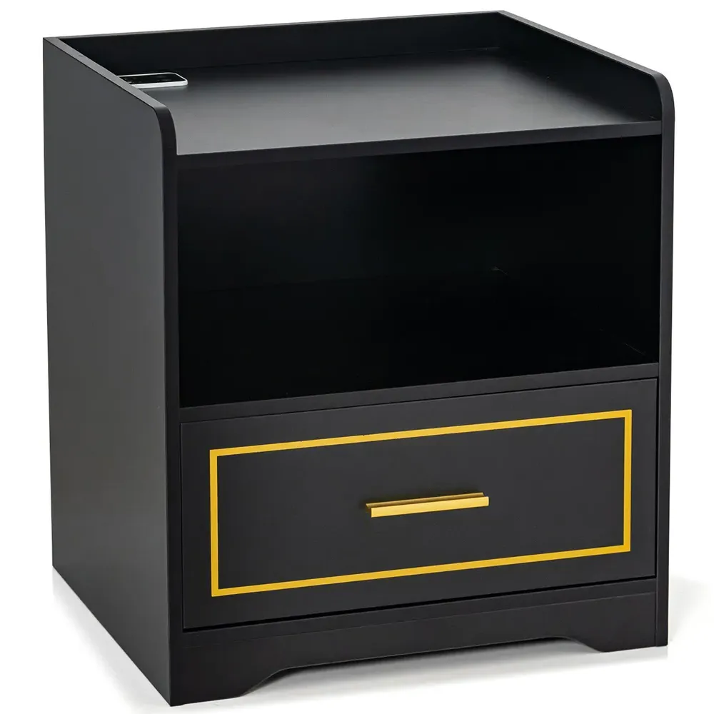 Single Drawer Bedside Table with USB Port - Black