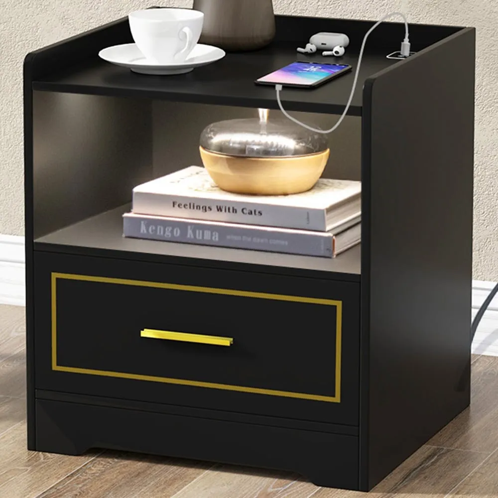 Single Drawer Bedside Table with USB Port - Black