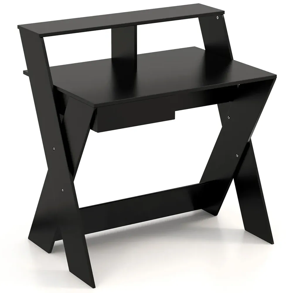 Single Drawer Computer Desk with Monitor Stand - Black