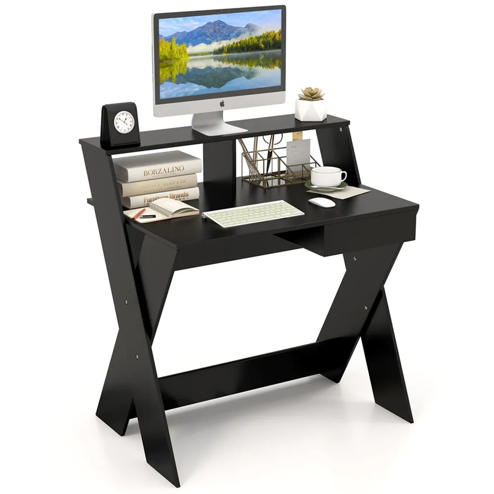 Single Drawer Computer Desk with Monitor Stand - Black