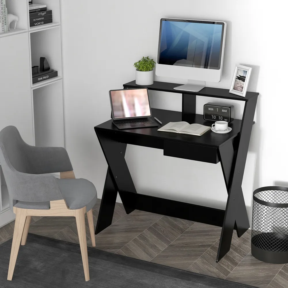 Single Drawer Computer Desk with Monitor Stand - Black