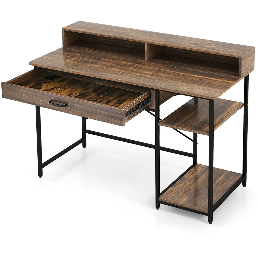 Single Drawer Computer Desk with Monitor Stand - Brown