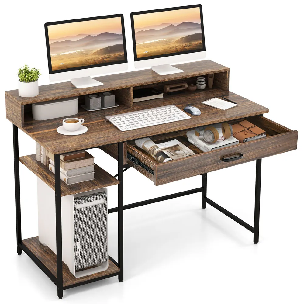 Single Drawer Computer Desk with Monitor Stand - Brown