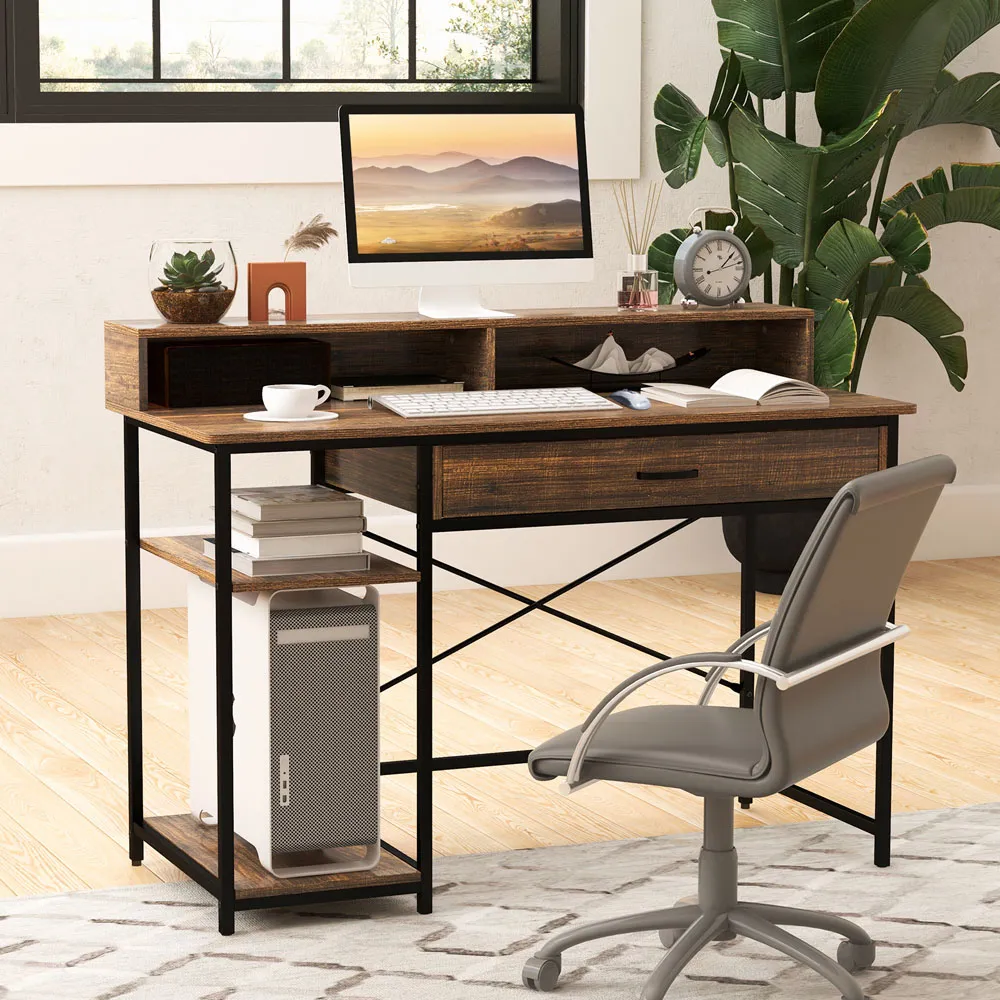 Single Drawer Computer Desk with Monitor Stand - Brown