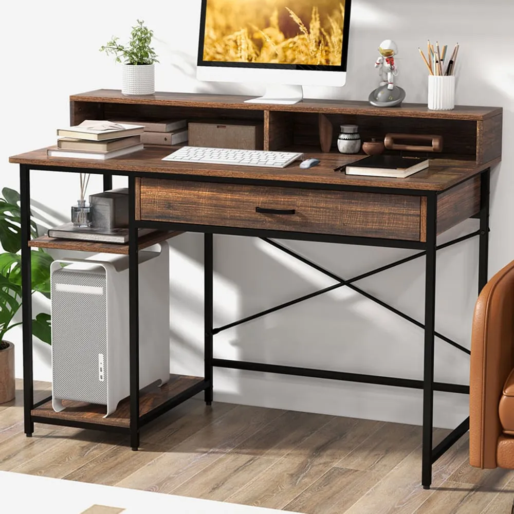 Single Drawer Computer Desk with Monitor Stand - Brown