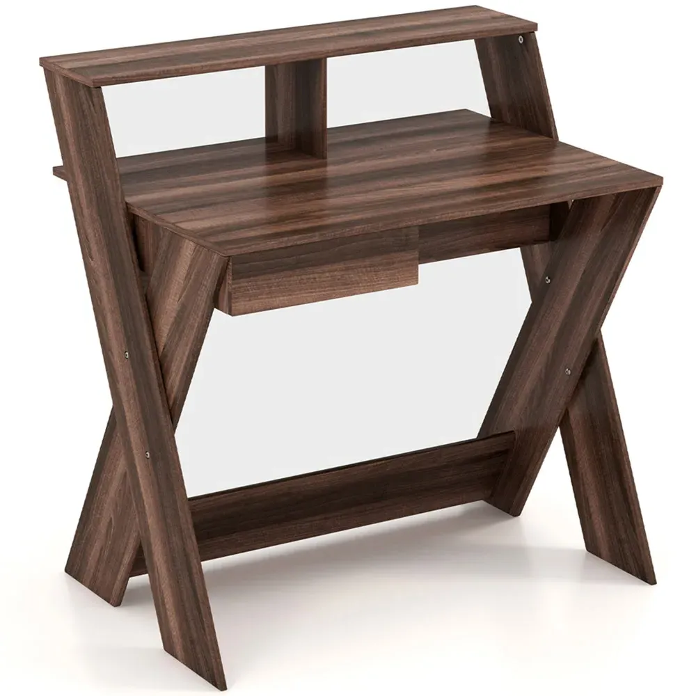 Single Drawer Computer Desk with Monitor Stand - Walnut